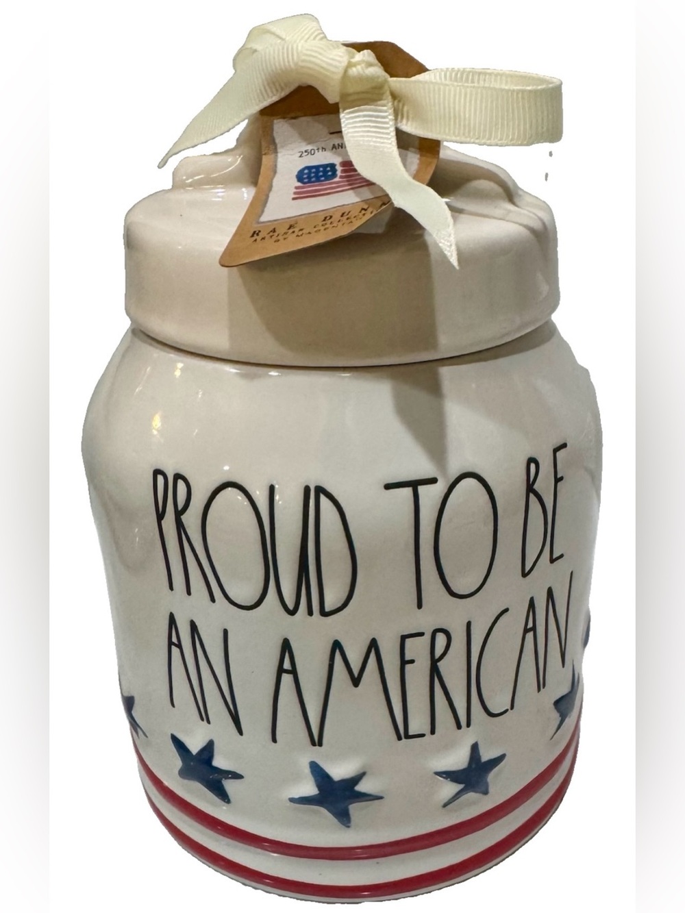 Rae Dunn Cream Patriotic Ceramic Jar with Navy Stars and Red Stripes
